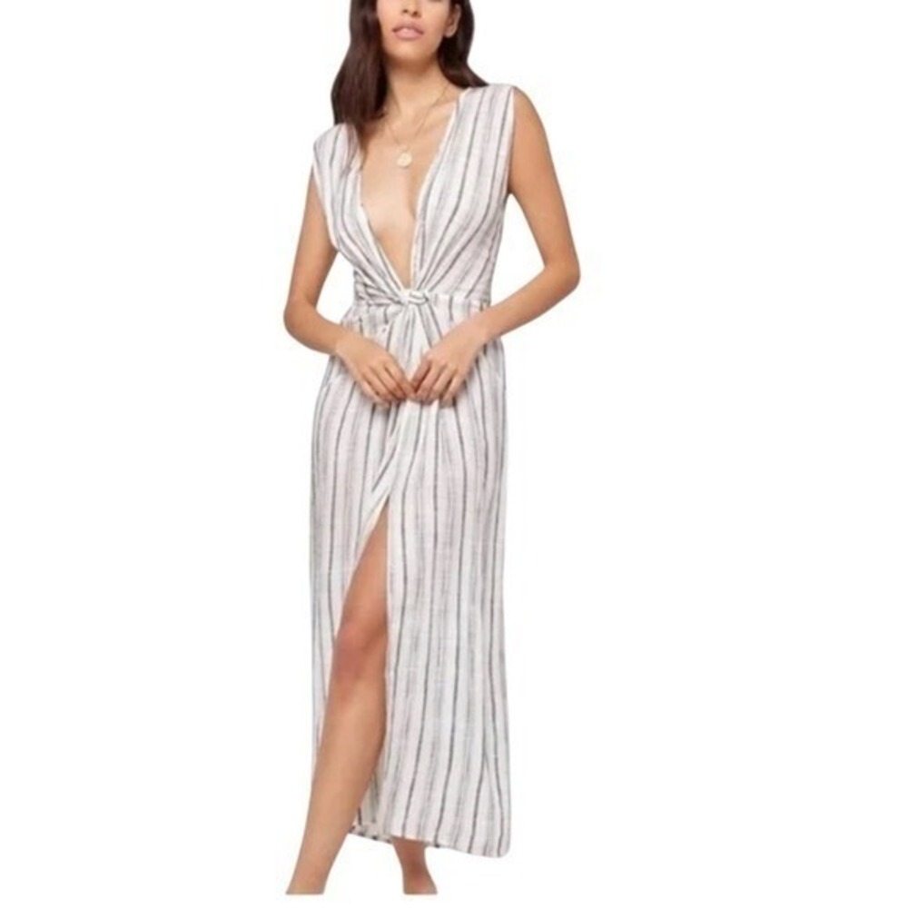 Blue Island Striped Twist Front Maxi Dress Small White Blue